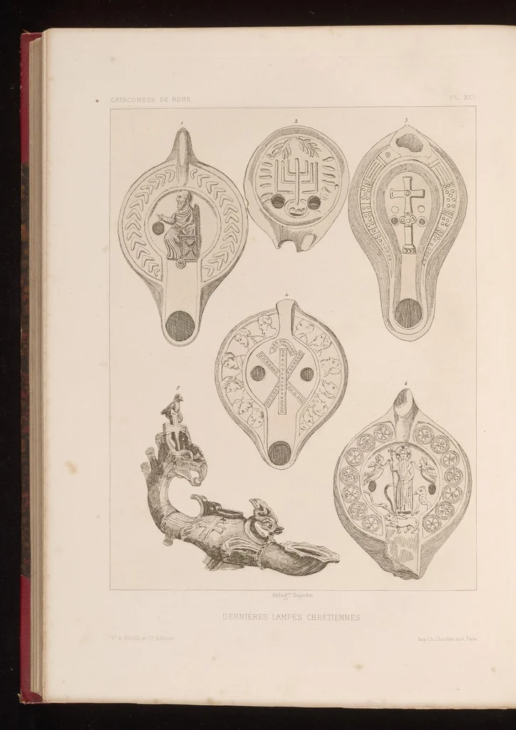 An illustration from Les catacombes de Rome; histoire de l'art et des croyances religieuses pendant les premiers siècles du christianisme, 1881, leaf 399