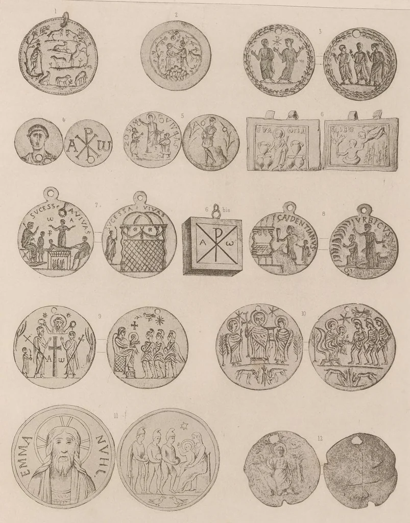 An illustration from Les catacombes de Rome; histoire de l'art et des croyances religieuses pendant les premiers siècles du christianisme, 1881, leaf 416