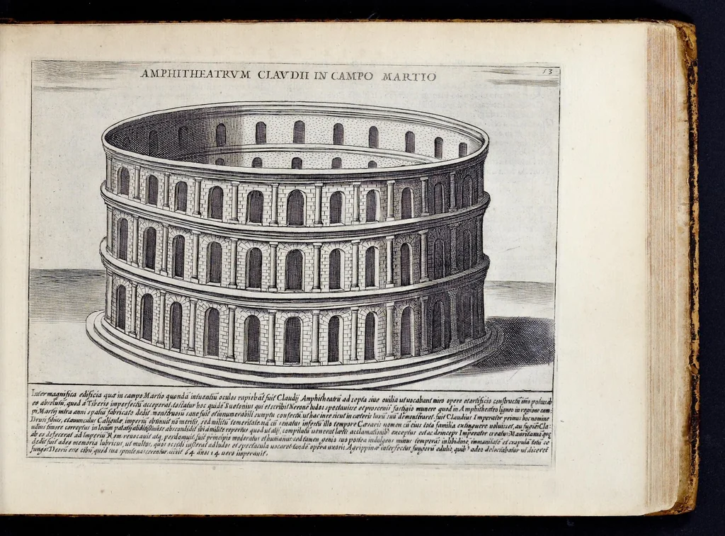 An illustration from Antiqvae vrbis splendor : hoc est præcipva eivsdem templa, amphitheatra, theatra, circi, navmachiæ, arcvs trivmphales, mavsolea aliaqve svmptvosiora ædificia, pompæ item trivmphalis et colossæarvm imaginvm descriptio, 1630, leaf 112