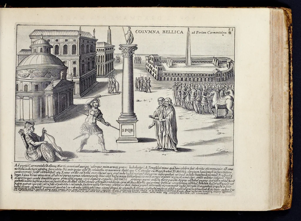 An illustration from Antiqvae vrbis splendor : hoc est præcipva eivsdem templa, amphitheatra, theatra, circi, navmachiæ, arcvs trivmphales, mavsolea aliaqve svmptvosiora ædificia, pompæ item trivmphalis et colossæarvm imaginvm descriptio, 1630, leaf 52