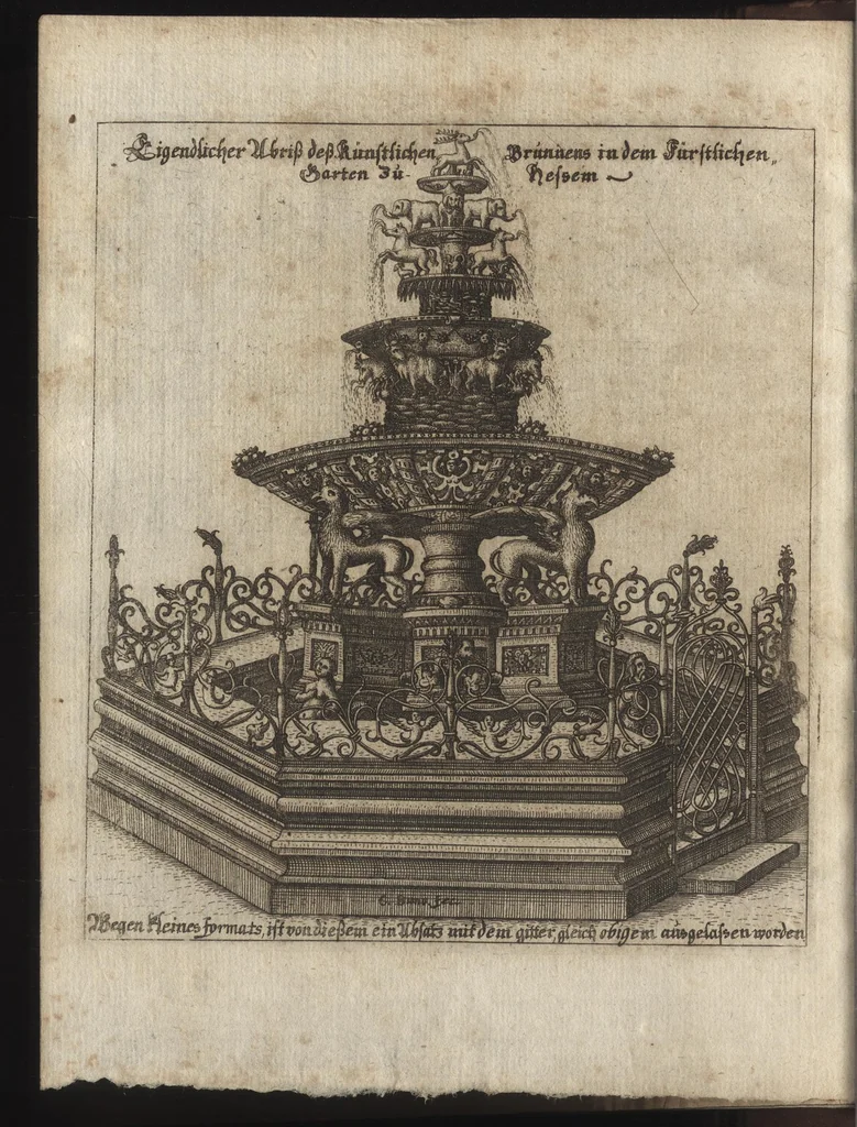 An illustration from Beschreibung des ganzen Fürstlich Braunschw. Gartens zu Hessem : mit seinen künstliche[n] Abteihlungen, Qvartiren, Gehegken, Gebeüden, LauberHütten, WasserKünsten, Brunnen und ausgehawenen Bildern : auch ordentliche Specification aller derer Simplicium und Gewechse, so von A[nn]o 1607 bis in dass 1651. Jahr, darinnen ... gezeuget worden : worbeij ein nohtwendiger Unterricht, wie ein feiner Lust-, Obst- und Küchengarte anzulegen ... : uber das eine gute Anleitung wie man allerleij sonderliche GärtenGewächse in der Küchen vielfältig nutzen solle : und was für feine Simplicia in den benachbarten Wäldern, Bergen, Gründen, Brüchen und auf den Hügeln in der See zu finden, und auf zu heben seÿn, 1653, leaf 21