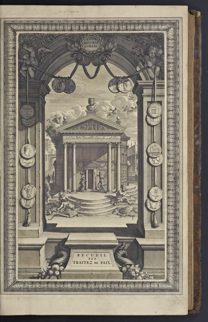 An illustration from Recueil des traitez de paix, de trêve, de neutralité, de suspension d'armes, de confédération, d'alliance, de commerce, de garantie, et d'autres actes publics : comme contracts de mariage, testaments, manifestes, declarations de guerre, &c. faits entre les empereurs, rois, républiques, princes, & autres puissances de l'Europe, & des autres parties du monde, depuis la naissance de Jesus-Christ jusqu'à présent : servant à établir les droits des princes, et de fondement a l'histoire .., 1700, leaf 4
