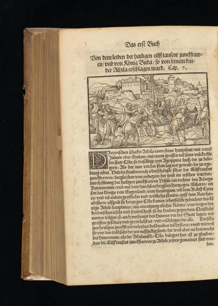 An illustration from Der Hungern Chronica : inhaltend wie sie anfenklich ins land kommen sind mit anzeygung aller irer König und was sie namhafftigs gethon haben : angefangen von ersten König Athila vñ volfüret biss auff König Ludwig so im 1526. Jar bey Mohatz vom Türcken vmbkommen ist, 1534, leaf 17