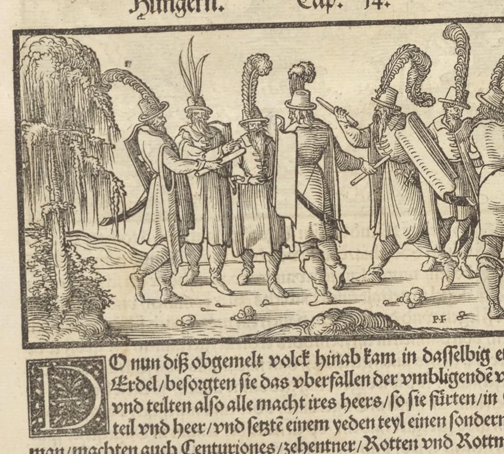 An illustration from Der Hungern Chronica : inhaltend wie sie anfenklich ins land kommen sind mit anzeygung aller irer König und was sie namhafftigs gethon haben : angefangen von ersten König Athila vñ volfüret biss auff König Ludwig so im 1526. Jar bey Mohatz vom Türcken vmbkommen ist, 1534, leaf 27