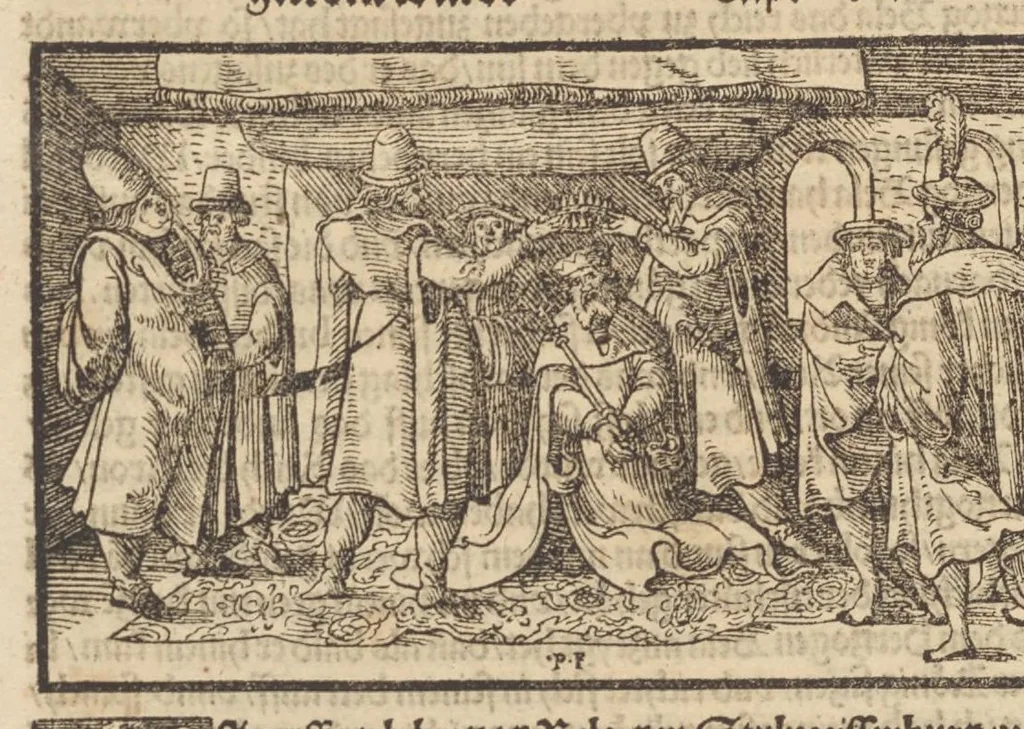 An illustration from Der Hungern Chronica : inhaltend wie sie anfenklich ins land kommen sind mit anzeygung aller irer König und was sie namhafftigs gethon haben : angefangen von ersten König Athila vñ volfüret biss auff König Ludwig so im 1526. Jar bey Mohatz vom Türcken vmbkommen ist, 1534, leaf 47