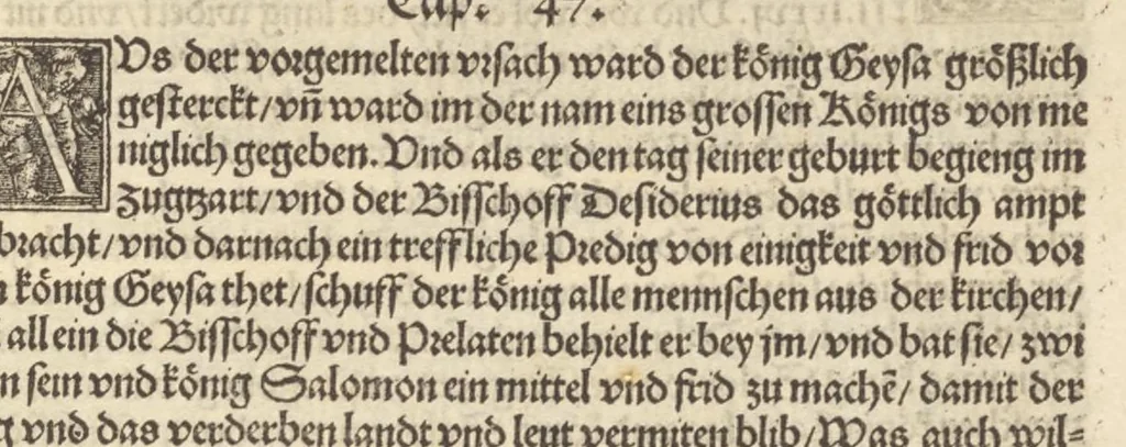An illustration from Der Hungern Chronica : inhaltend wie sie anfenklich ins land kommen sind mit anzeygung aller irer König und was sie namhafftigs gethon haben : angefangen von ersten König Athila vñ volfüret biss auff König Ludwig so im 1526. Jar bey Mohatz vom Türcken vmbkommen ist, 1534, leaf 54