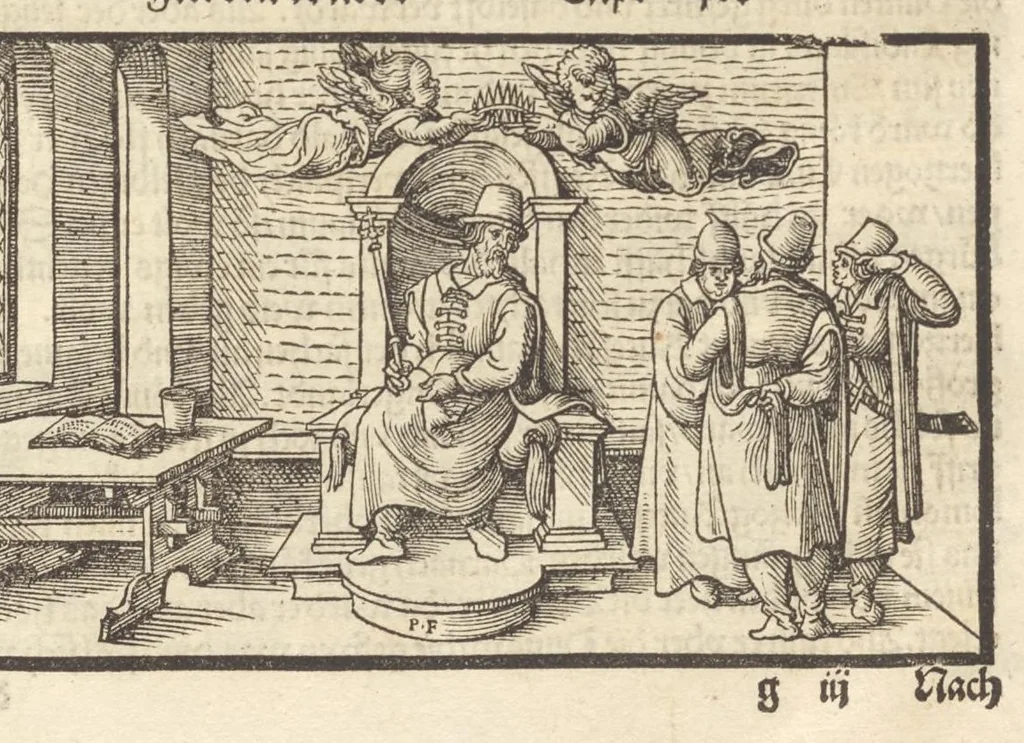 An illustration from Der Hungern Chronica : inhaltend wie sie anfenklich ins land kommen sind mit anzeygung aller irer König und was sie namhafftigs gethon haben : angefangen von ersten König Athila vñ volfüret biss auff König Ludwig so im 1526. Jar bey Mohatz vom Türcken vmbkommen ist, 1534, leaf 54