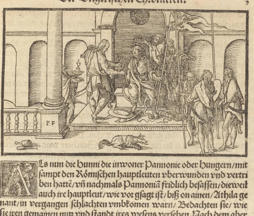 An illustration from Der Hungern Chronica : inhaltend wie sie anfenklich ins land kommen sind mit anzeygung aller irer König und was sie namhafftigs gethon haben : angefangen von ersten König Athila vñ volfüret biss auff König Ludwig so im 1526. Jar bey Mohatz vom Türcken vmbkommen ist, 1534, leaf 6