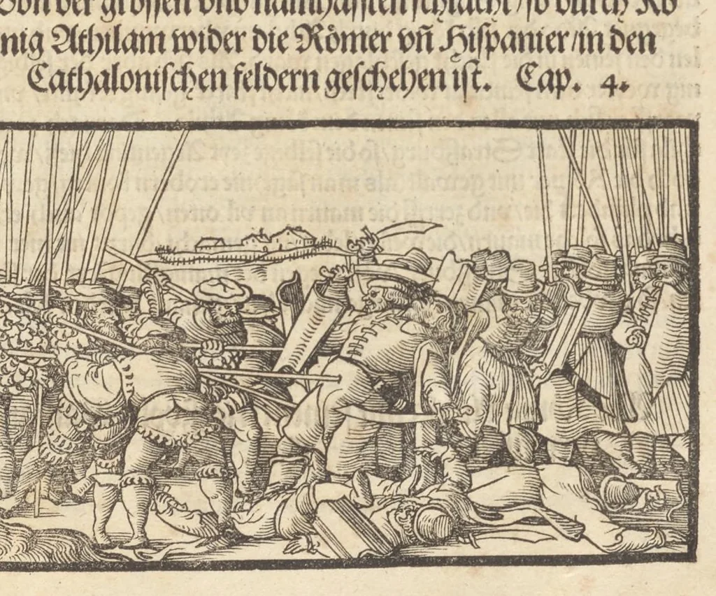 An illustration from Der Hungern Chronica : inhaltend wie sie anfenklich ins land kommen sind mit anzeygung aller irer König und was sie namhafftigs gethon haben : angefangen von ersten König Athila vñ volfüret biss auff König Ludwig so im 1526. Jar bey Mohatz vom Türcken vmbkommen ist, 1534, leaf 8