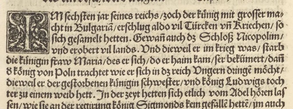 An illustration from Der Hungern Chronica : inhaltend wie sie anfenklich ins land kommen sind mit anzeygung aller irer König und was sie namhafftigs gethon haben : angefangen von ersten König Athila vñ volfüret biss auff König Ludwig so im 1526. Jar bey Mohatz vom Türcken vmbkommen ist, 1534, leaf 93