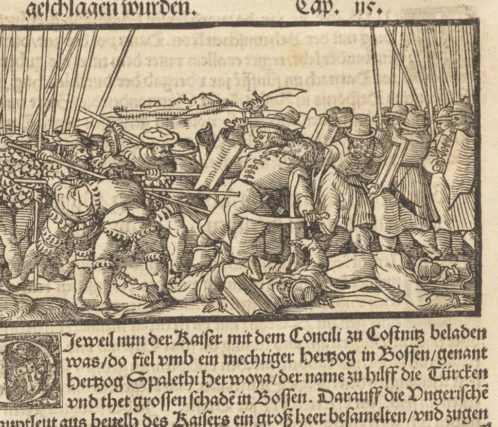 An illustration from Der Hungern Chronica : inhaltend wie sie anfenklich ins land kommen sind mit anzeygung aller irer König und was sie namhafftigs gethon haben : angefangen von ersten König Athila vñ volfüret biss auff König Ludwig so im 1526. Jar bey Mohatz vom Türcken vmbkommen ist, 1534, leaf 98