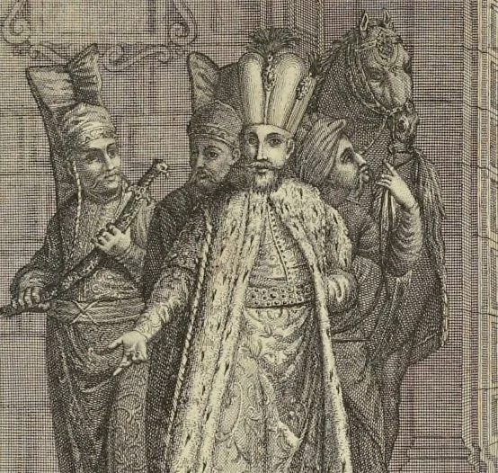 An illustration from Atlas historique, ou, Nouvelle introduction a l'histoire, à la chronologie & à la géographie ancienne & moderne : représentée dans de nouvelles cartes, où l'on remarque l'établissement des etats & empires du monde, leur durée, leur chûte, & leurs differens gouvernemens : la chronologie des consuls romains, des Papes, de empereurs, des rois & des princes, &c. qui ont été depuis le commencement du monde, jusqu'à présent : et la génealogie des maisons souveraines de l'Europe., 1720, leaf 112