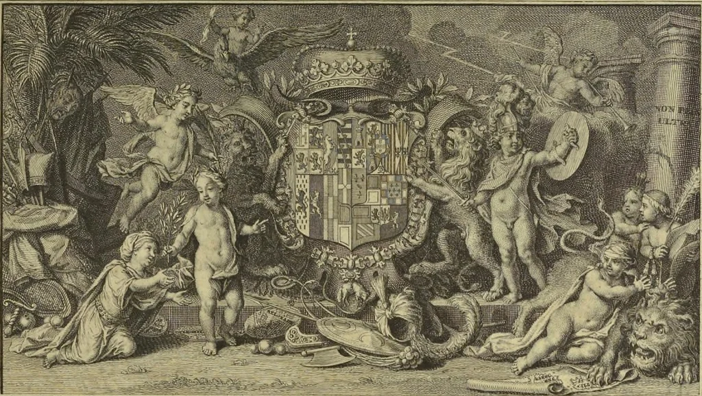 An illustration from Atlas historique, ou, Nouvelle introduction a l'histoire, à la chronologie & à la géographie ancienne & moderne : représentée dans de nouvelles cartes, où l'on remarque l'établissement des etats & empires du monde, leur durée, leur chûte, & leurs differens gouvernemens : la chronologie des consuls romains, des Papes, de empereurs, des rois & des princes, &c. qui ont été depuis le commencement du monde, jusqu'à présent : et la génealogie des maisons souveraines de l'Europe., 1720, leaf 12