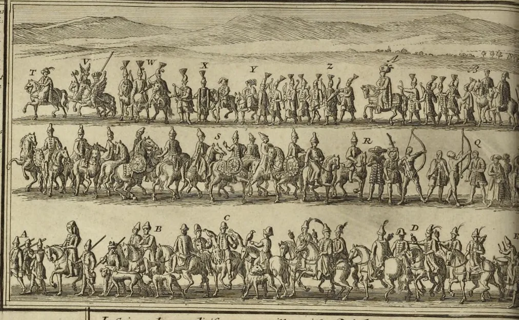 An illustration from Atlas historique, ou, Nouvelle introduction a l'histoire, à la chronologie & à la géographie ancienne & moderne : représentée dans de nouvelles cartes, où l'on remarque l'établissement des etats & empires du monde, leur durée, leur chûte, & leurs differens gouvernemens : la chronologie des consuls romains, des Papes, de empereurs, des rois & des princes, &c. qui ont été depuis le commencement du monde, jusqu'à présent : et la génealogie des maisons souveraines de l'Europe., 1720, leaf 137