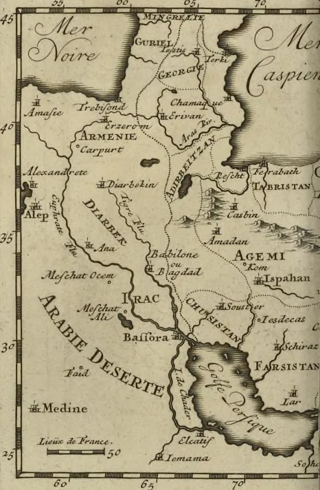 An illustration from Atlas historique, ou, Nouvelle introduction a l'histoire, à la chronologie & à la géographie ancienne & moderne : représentée dans de nouvelles cartes, où l'on remarque l'établissement des etats & empires du monde, leur durée, leur chûte, & leurs differens gouvernemens : la chronologie des consuls romains, des Papes, de empereurs, des rois & des princes, &c. qui ont été depuis le commencement du monde, jusqu'à présent : et la génealogie des maisons souveraines de l'Europe., 1720, leaf 185