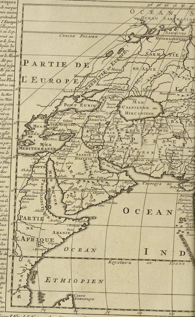 An illustration from Atlas historique, ou, Nouvelle introduction a l'histoire, à la chronologie & à la géographie ancienne & moderne : représentée dans de nouvelles cartes, où l'on remarque l'établissement des etats & empires du monde, leur durée, leur chûte, & leurs differens gouvernemens : la chronologie des consuls romains, des Papes, de empereurs, des rois & des princes, &c. qui ont été depuis le commencement du monde, jusqu'à présent : et la génealogie des maisons souveraines de l'Europe., 1720, leaf 49