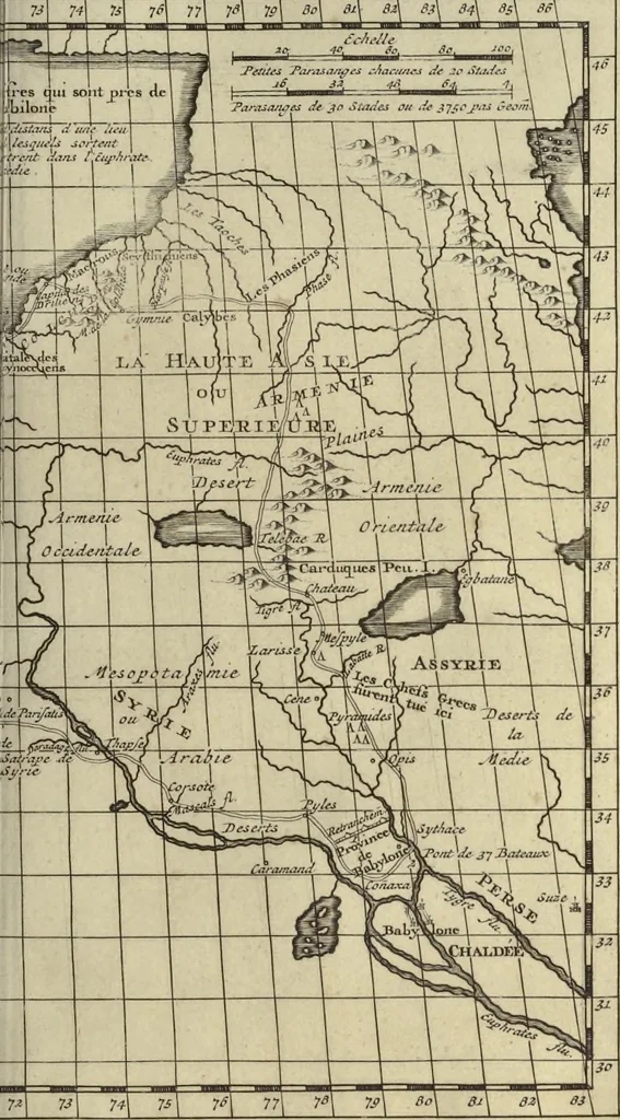 An illustration from Atlas historique, ou, Nouvelle introduction a l'histoire, à la chronologie & à la géographie ancienne & moderne : représentée dans de nouvelles cartes, où l'on remarque l'établissement des etats & empires du monde, leur durée, leur chûte, & leurs differens gouvernemens : la chronologie des consuls romains, des Papes, de empereurs, des rois & des princes, &c. qui ont été depuis le commencement du monde, jusqu'à présent : et la génealogie des maisons souveraines de l'Europe., 1720, leaf 54