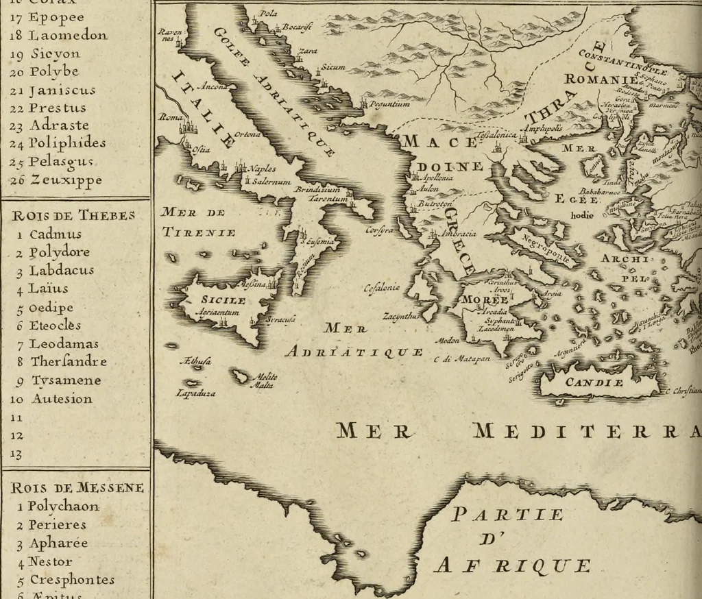An illustration from Atlas historique, ou, Nouvelle introduction a l'histoire, à la chronologie & à la géographie ancienne & moderne : représentée dans de nouvelles cartes, où l'on remarque l'établissement des etats & empires du monde, leur durée, leur chûte, & leurs differens gouvernemens : la chronologie des consuls romains, des Papes, de empereurs, des rois & des princes, &c. qui ont été depuis le commencement du monde, jusqu'à présent : et la génealogie des maisons souveraines de l'Europe., 1720, leaf 57
