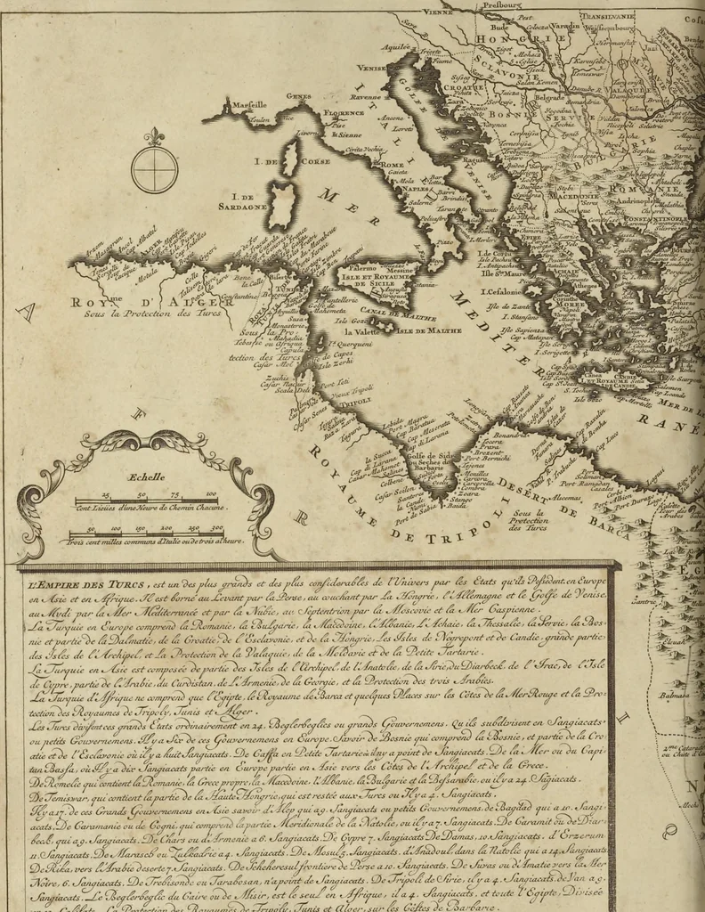 An illustration from Atlas historique, ou, Nouvelle introduction a l'histoire, à la chronologie & à la géographie ancienne & moderne : représentée dans de nouvelles cartes, où l'on remarque l'établissement des etats & empires du monde, leur durée, leur chûte, & leurs differens gouvernemens : la chronologie des consuls romains, des Papes, de empereurs, des rois & des princes, &c. qui ont été depuis le commencement du monde, jusqu'à présent : et la génealogie des maisons souveraines de l'Europe., 1720, leaf 89
