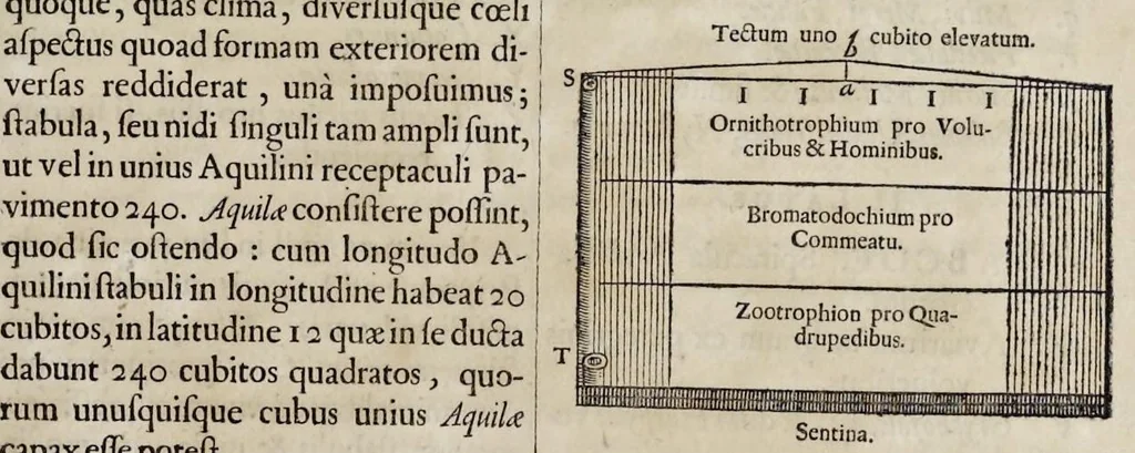 An illustration from Athanasii Kircheri è Soc. Jesu Arca Noë, in tres libros digesta : quorum I, De rebus quae ante diluvium : II, De iis, quae ipso diluvio ejusque duratione : III, De iis, quae post diluvium a Noëmo gesta sunt : quae omnia novâ methodo, nec non summa argumentorum varietate, explicantur & demonstrantur, 1675, leaf 154