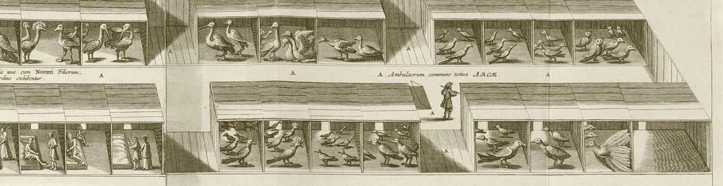 An illustration from Athanasii Kircheri è Soc. Jesu Arca Noë, in tres libros digesta : quorum I, De rebus quae ante diluvium : II, De iis, quae ipso diluvio ejusque duratione : III, De iis, quae post diluvium a Noëmo gesta sunt : quae omnia novâ methodo, nec non summa argumentorum varietate, explicantur & demonstrantur, 1675, leaf 162