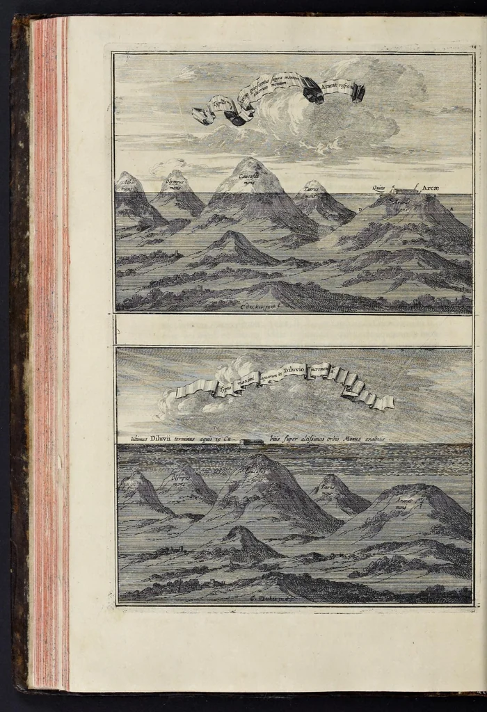 An illustration from Athanasii Kircheri è Soc. Jesu Arca Noë, in tres libros digesta : quorum I, De rebus quae ante diluvium : II, De iis, quae ipso diluvio ejusque duratione : III, De iis, quae post diluvium a Noëmo gesta sunt : quae omnia novâ methodo, nec non summa argumentorum varietate, explicantur & demonstrantur, 1675, leaf 209