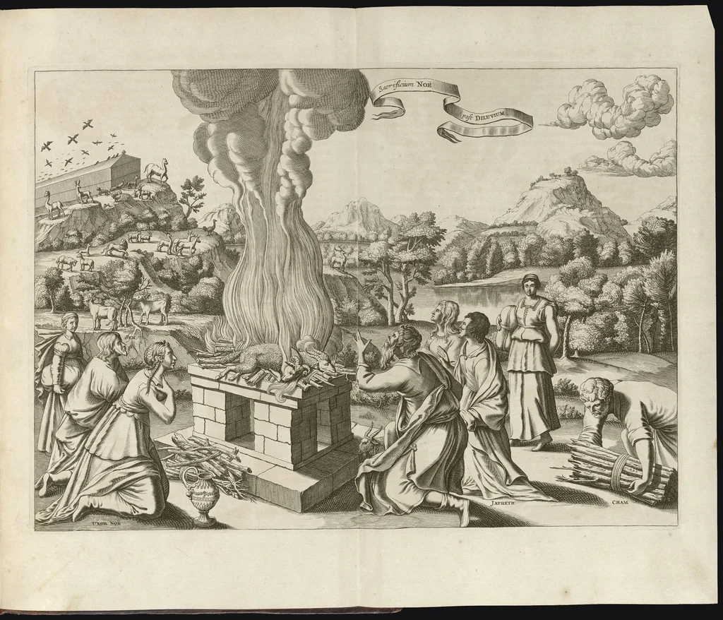 An illustration from Athanasii Kircheri è Soc. Jesu Arca Noë, in tres libros digesta : quorum I, De rebus quae ante diluvium : II, De iis, quae ipso diluvio ejusque duratione : III, De iis, quae post diluvium a Noëmo gesta sunt : quae omnia novâ methodo, nec non summa argumentorum varietate, explicantur & demonstrantur, 1675, leaf 222