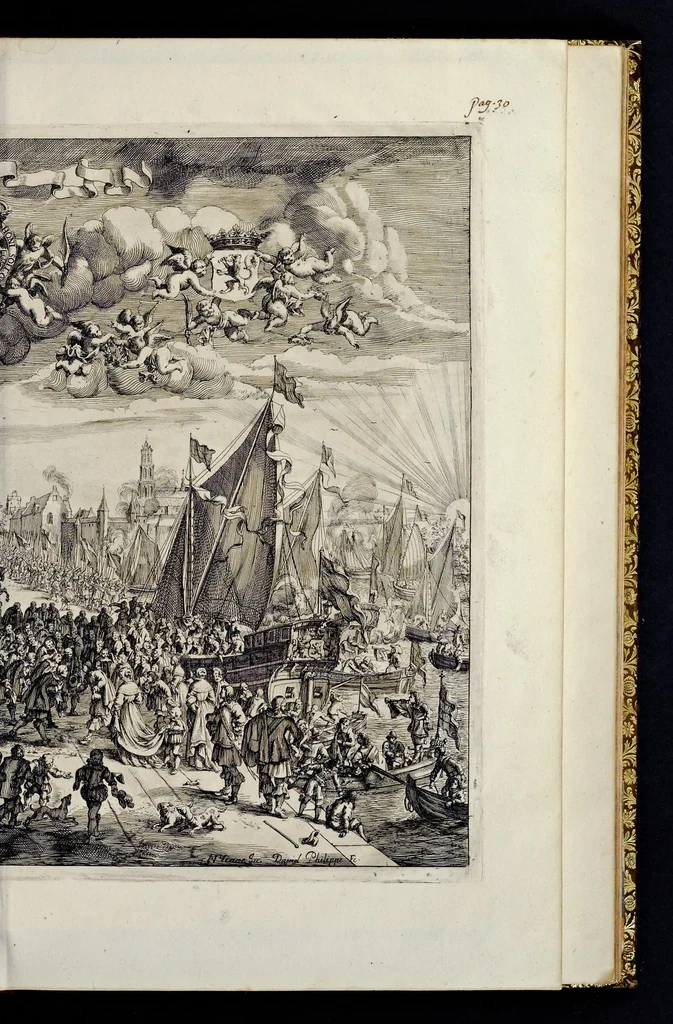 An illustration from Relation en forme de journal, du voyage et sejour, que ... Charles II, roy de la Grand' Bretagne, &c. a fait en Hollande, depuis le 25. may, jusques au 2 juin 1660, 1660, leaf 44