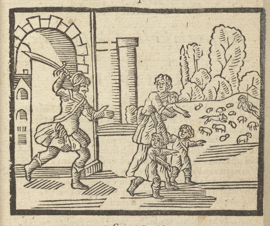 An illustration from Gulden-spiegel, ofte opweckinge tot christelyke deugden : afgedeelt in twee deelen : waer in vertoond werd de schadelyckheyt der sonden, mitsgaders de goetheyt en weldaden Gods over den boetvaerdigen, tot leeringe en stichtinge alle christenen toe-gepast : noch is hier by gevoegt Thamars ontschaking, of de verdoolde liefde van Amnon : als mede de vermaeckelyke bruylofts-kroon, doorgevlochten met verscheyde leersame gedichten, vermakelijke bruylofts- en aendachtige liedekens : voorgestelt op de vier getyden van den dagh, 1708, leaf 24