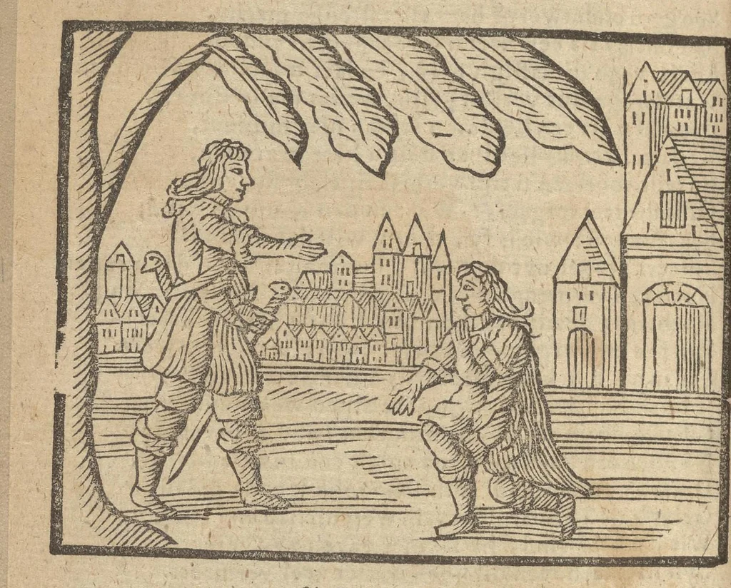 An illustration from Gulden-spiegel, ofte opweckinge tot christelyke deugden : afgedeelt in twee deelen : waer in vertoond werd de schadelyckheyt der sonden, mitsgaders de goetheyt en weldaden Gods over den boetvaerdigen, tot leeringe en stichtinge alle christenen toe-gepast : noch is hier by gevoegt Thamars ontschaking, of de verdoolde liefde van Amnon : als mede de vermaeckelyke bruylofts-kroon, doorgevlochten met verscheyde leersame gedichten, vermakelijke bruylofts- en aendachtige liedekens : voorgestelt op de vier getyden van den dagh, 1708, leaf 253
