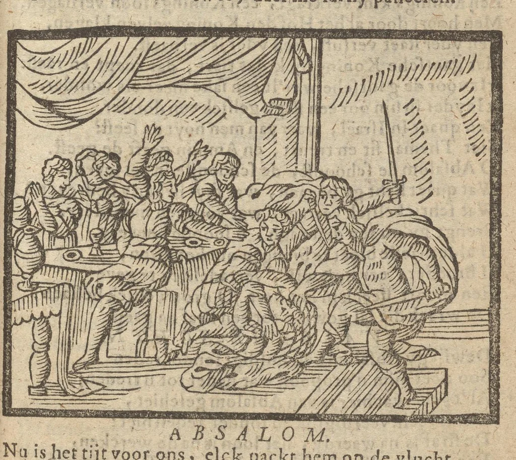 An illustration from Gulden-spiegel, ofte opweckinge tot christelyke deugden : afgedeelt in twee deelen : waer in vertoond werd de schadelyckheyt der sonden, mitsgaders de goetheyt en weldaden Gods over den boetvaerdigen, tot leeringe en stichtinge alle christenen toe-gepast : noch is hier by gevoegt Thamars ontschaking, of de verdoolde liefde van Amnon : als mede de vermaeckelyke bruylofts-kroon, doorgevlochten met verscheyde leersame gedichten, vermakelijke bruylofts- en aendachtige liedekens : voorgestelt op de vier getyden van den dagh, 1708, leaf 280