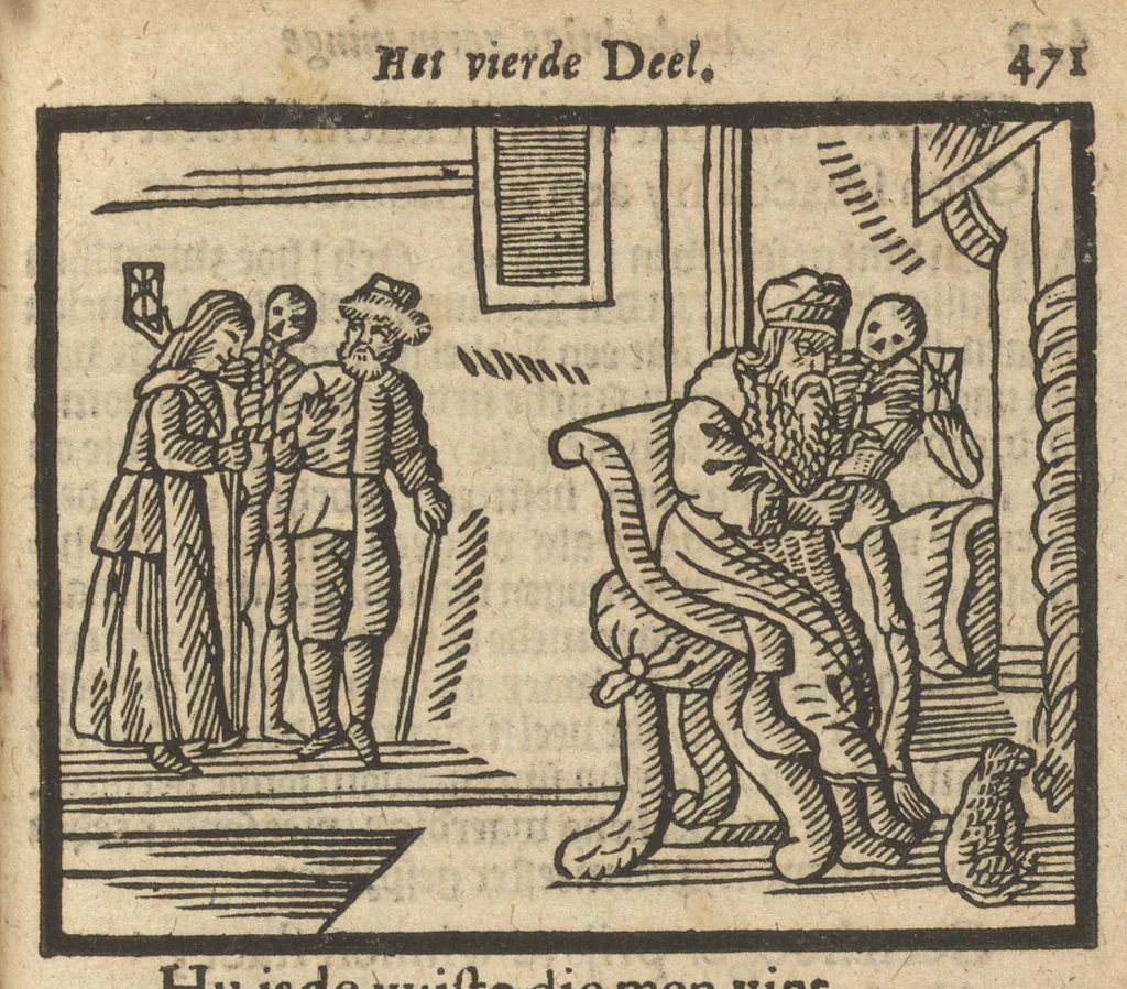An illustration from Gulden-spiegel, ofte opweckinge tot christelyke deugden : afgedeelt in twee deelen : waer in vertoond werd de schadelyckheyt der sonden, mitsgaders de goetheyt en weldaden Gods over den boetvaerdigen, tot leeringe en stichtinge alle christenen toe-gepast : noch is hier by gevoegt Thamars ontschaking, of de verdoolde liefde van Amnon : als mede de vermaeckelyke bruylofts-kroon, doorgevlochten met verscheyde leersame gedichten, vermakelijke bruylofts- en aendachtige liedekens : voorgestelt op de vier getyden van den dagh, 1708, leaf 464