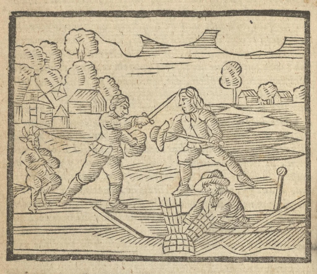 An illustration from Gulden-spiegel, ofte opweckinge tot christelyke deugden : afgedeelt in twee deelen : waer in vertoond werd de schadelyckheyt der sonden, mitsgaders de goetheyt en weldaden Gods over den boetvaerdigen, tot leeringe en stichtinge alle christenen toe-gepast : noch is hier by gevoegt Thamars ontschaking, of de verdoolde liefde van Amnon : als mede de vermaeckelyke bruylofts-kroon, doorgevlochten met verscheyde leersame gedichten, vermakelijke bruylofts- en aendachtige liedekens : voorgestelt op de vier getyden van den dagh, 1708, leaf 51