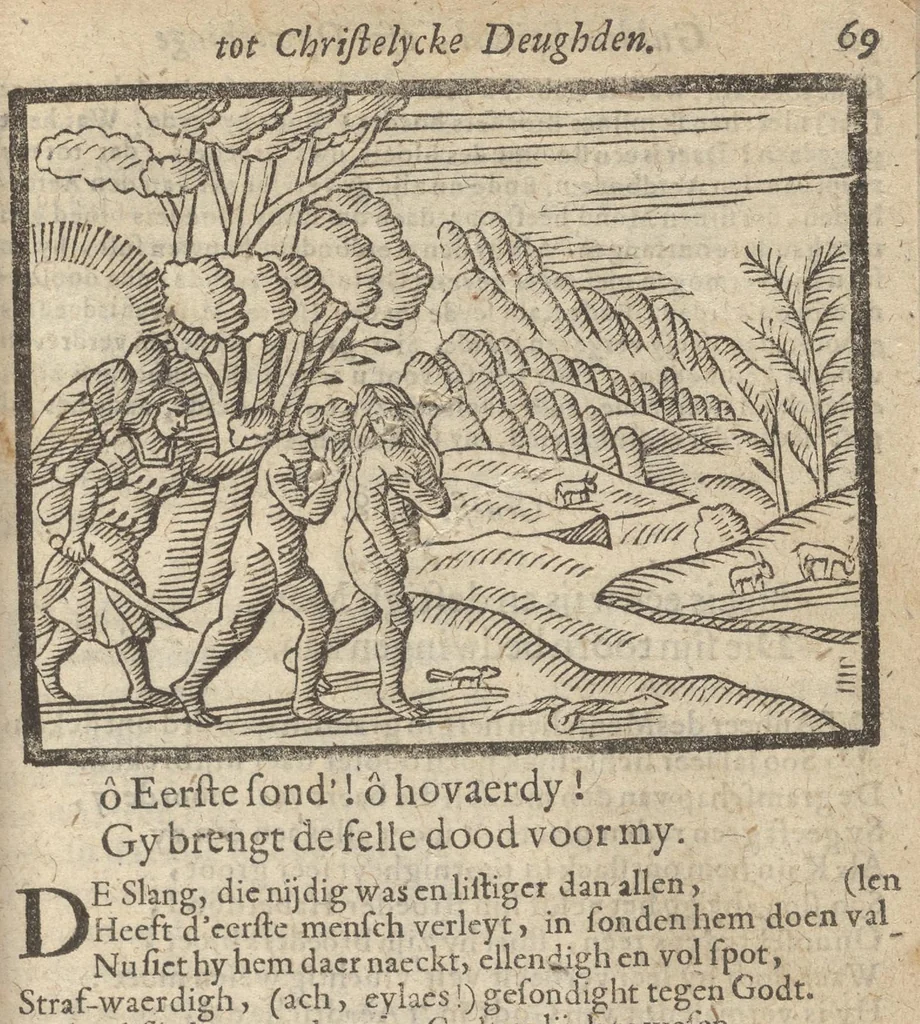 An illustration from Gulden-spiegel, ofte opweckinge tot christelyke deugden : afgedeelt in twee deelen : waer in vertoond werd de schadelyckheyt der sonden, mitsgaders de goetheyt en weldaden Gods over den boetvaerdigen, tot leeringe en stichtinge alle christenen toe-gepast : noch is hier by gevoegt Thamars ontschaking, of de verdoolde liefde van Amnon : als mede de vermaeckelyke bruylofts-kroon, doorgevlochten met verscheyde leersame gedichten, vermakelijke bruylofts- en aendachtige liedekens : voorgestelt op de vier getyden van den dagh, 1708, leaf 72