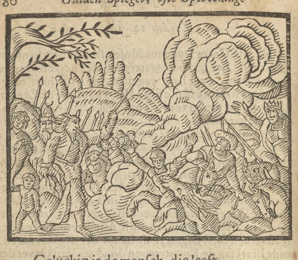 An illustration from Gulden-spiegel, ofte opweckinge tot christelyke deugden : afgedeelt in twee deelen : waer in vertoond werd de schadelyckheyt der sonden, mitsgaders de goetheyt en weldaden Gods over den boetvaerdigen, tot leeringe en stichtinge alle christenen toe-gepast : noch is hier by gevoegt Thamars ontschaking, of de verdoolde liefde van Amnon : als mede de vermaeckelyke bruylofts-kroon, doorgevlochten met verscheyde leersame gedichten, vermakelijke bruylofts- en aendachtige liedekens : voorgestelt op de vier getyden van den dagh, 1708, leaf 83