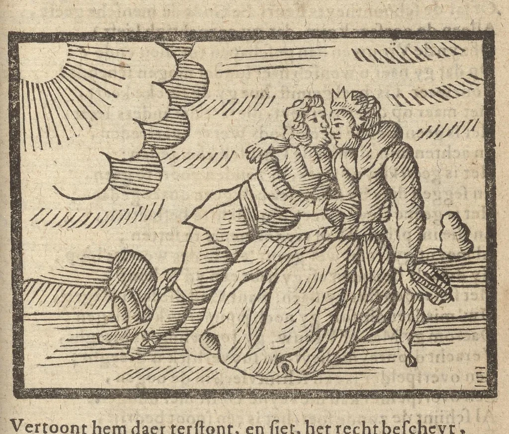 An illustration from Gulden-spiegel, ofte opweckinge tot christelyke deugden : afgedeelt in twee deelen : waer in vertoond werd de schadelyckheyt der sonden, mitsgaders de goetheyt en weldaden Gods over den boetvaerdigen, tot leeringe en stichtinge alle christenen toe-gepast : noch is hier by gevoegt Thamars ontschaking, of de verdoolde liefde van Amnon : als mede de vermaeckelyke bruylofts-kroon, doorgevlochten met verscheyde leersame gedichten, vermakelijke bruylofts- en aendachtige liedekens : voorgestelt op de vier getyden van den dagh, 1708, leaf 98