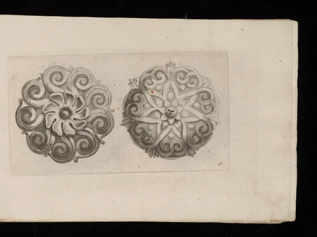 An illustration from Ein schön nützliches Zierathen Buch vor alle Künstler, als Goldtschmid, Bildthauer, Mahler, Ührmacher, Schlosser und andere, die sich der Kunst ergeben, 1680, leaf 34