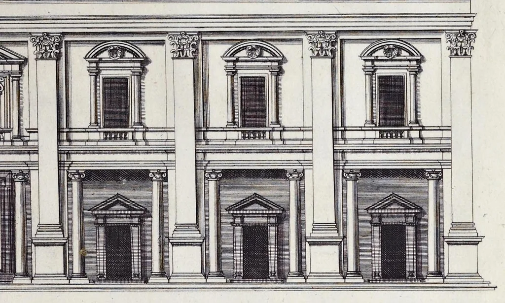 An illustration from Romae antiquae et novae theatrum, sive, Genuina ac vera urbis, juxta varios ejusdem status, delineatio topographica : unà cum primariis illius aedificiis ac monumentis, veluti templis, simulacris, circis, campis, theatris, arcubus, porticibus, columnis, statuis & sepulcris antiquis, praecipuè verò modernis templis, palatiis & aedificiis, nonaginta tabulis aeneis exhibitis & secundùm nobilioris architecturae simulac perspectivae regulas extructis, ruinisq́ue illustrioribus, 1684, leaf 104
