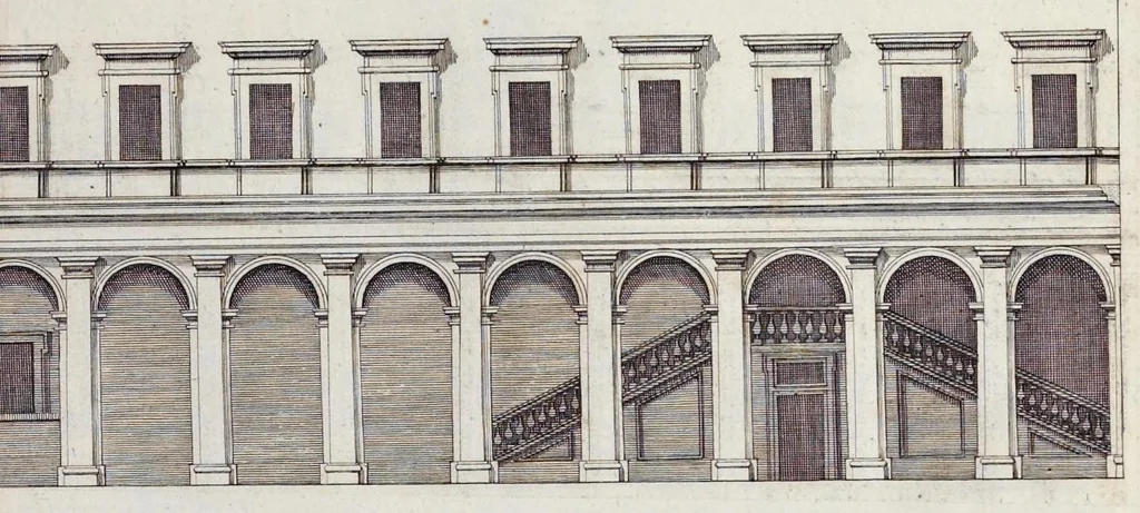 An illustration from Romae antiquae et novae theatrum, sive, Genuina ac vera urbis, juxta varios ejusdem status, delineatio topographica : unà cum primariis illius aedificiis ac monumentis, veluti templis, simulacris, circis, campis, theatris, arcubus, porticibus, columnis, statuis & sepulcris antiquis, praecipuè verò modernis templis, palatiis & aedificiis, nonaginta tabulis aeneis exhibitis & secundùm nobilioris architecturae simulac perspectivae regulas extructis, ruinisq́ue illustrioribus, 1684, leaf 112