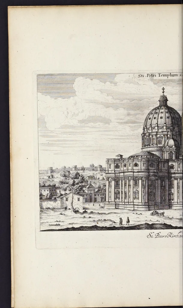 An illustration from Romae antiquae et novae theatrum, sive, Genuina ac vera urbis, juxta varios ejusdem status, delineatio topographica : unà cum primariis illius aedificiis ac monumentis, veluti templis, simulacris, circis, campis, theatris, arcubus, porticibus, columnis, statuis & sepulcris antiquis, praecipuè verò modernis templis, palatiis & aedificiis, nonaginta tabulis aeneis exhibitis & secundùm nobilioris architecturae simulac perspectivae regulas extructis, ruinisq́ue illustrioribus, 1684, leaf 175