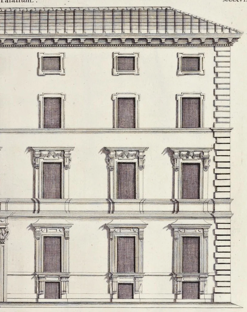 An illustration from Romae antiquae et novae theatrum, sive, Genuina ac vera urbis, juxta varios ejusdem status, delineatio topographica : unà cum primariis illius aedificiis ac monumentis, veluti templis, simulacris, circis, campis, theatris, arcubus, porticibus, columnis, statuis & sepulcris antiquis, praecipuè verò modernis templis, palatiis & aedificiis, nonaginta tabulis aeneis exhibitis & secundùm nobilioris architecturae simulac perspectivae regulas extructis, ruinisq́ue illustrioribus, 1684, leaf 188