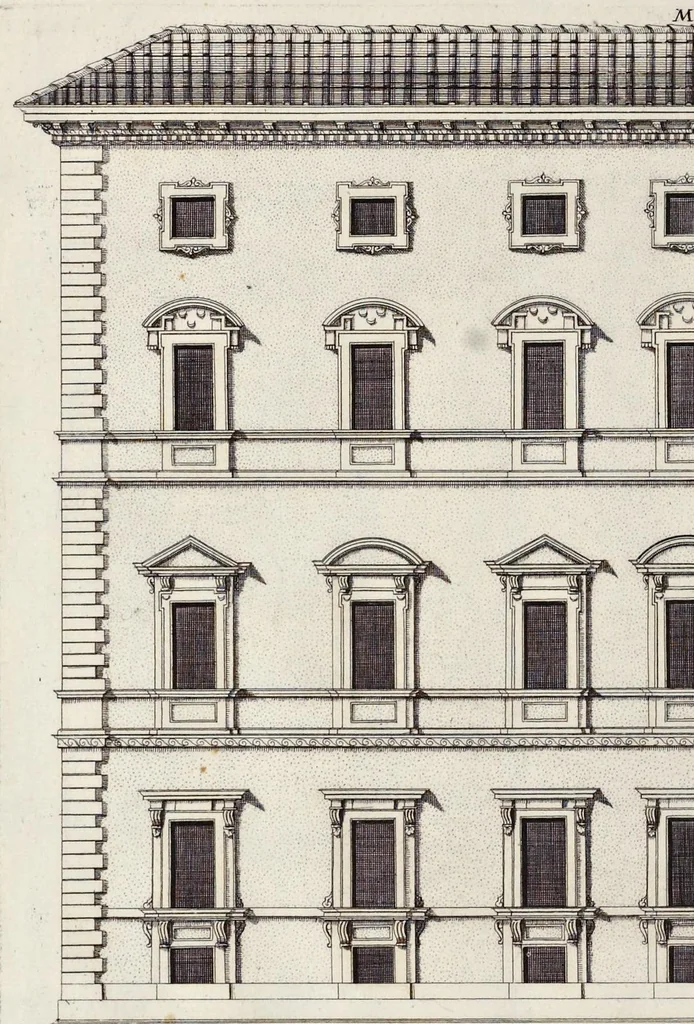 An illustration from Romae antiquae et novae theatrum, sive, Genuina ac vera urbis, juxta varios ejusdem status, delineatio topographica : unà cum primariis illius aedificiis ac monumentis, veluti templis, simulacris, circis, campis, theatris, arcubus, porticibus, columnis, statuis & sepulcris antiquis, praecipuè verò modernis templis, palatiis & aedificiis, nonaginta tabulis aeneis exhibitis & secundùm nobilioris architecturae simulac perspectivae regulas extructis, ruinisq́ue illustrioribus, 1684, leaf 203