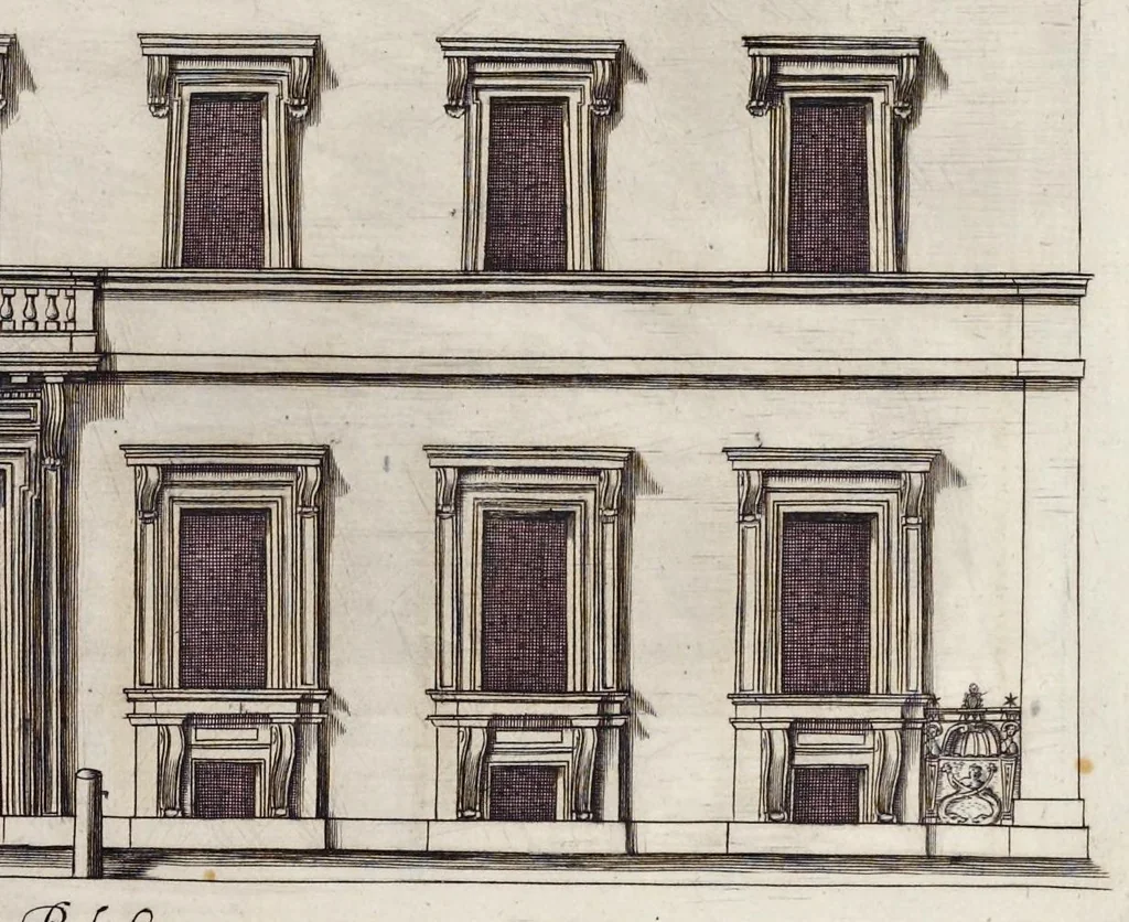 An illustration from Romae antiquae et novae theatrum, sive, Genuina ac vera urbis, juxta varios ejusdem status, delineatio topographica : unà cum primariis illius aedificiis ac monumentis, veluti templis, simulacris, circis, campis, theatris, arcubus, porticibus, columnis, statuis & sepulcris antiquis, praecipuè verò modernis templis, palatiis & aedificiis, nonaginta tabulis aeneis exhibitis & secundùm nobilioris architecturae simulac perspectivae regulas extructis, ruinisq́ue illustrioribus, 1684, leaf 220