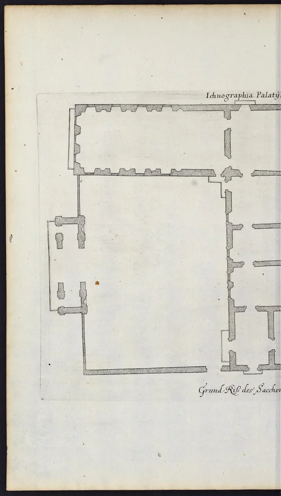 An illustration from Romae antiquae et novae theatrum, sive, Genuina ac vera urbis, juxta varios ejusdem status, delineatio topographica : unà cum primariis illius aedificiis ac monumentis, veluti templis, simulacris, circis, campis, theatris, arcubus, porticibus, columnis, statuis & sepulcris antiquis, praecipuè verò modernis templis, palatiis & aedificiis, nonaginta tabulis aeneis exhibitis & secundùm nobilioris architecturae simulac perspectivae regulas extructis, ruinisq́ue illustrioribus, 1684, leaf 223