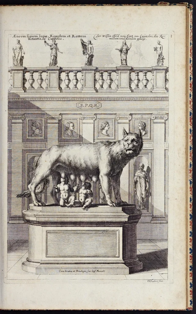 An illustration from Romae antiquae et novae theatrum, sive, Genuina ac vera urbis, juxta varios ejusdem status, delineatio topographica : unà cum primariis illius aedificiis ac monumentis, veluti templis, simulacris, circis, campis, theatris, arcubus, porticibus, columnis, statuis & sepulcris antiquis, praecipuè verò modernis templis, palatiis & aedificiis, nonaginta tabulis aeneis exhibitis & secundùm nobilioris architecturae simulac perspectivae regulas extructis, ruinisq́ue illustrioribus, 1684, leaf 26