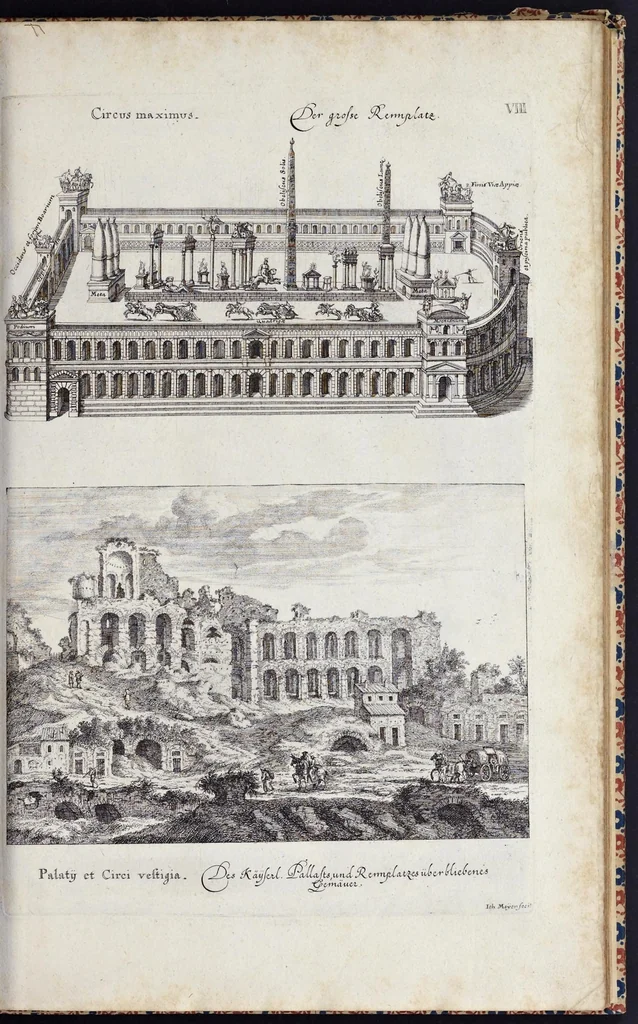 An illustration from Romae antiquae et novae theatrum, sive, Genuina ac vera urbis, juxta varios ejusdem status, delineatio topographica : unà cum primariis illius aedificiis ac monumentis, veluti templis, simulacris, circis, campis, theatris, arcubus, porticibus, columnis, statuis & sepulcris antiquis, praecipuè verò modernis templis, palatiis & aedificiis, nonaginta tabulis aeneis exhibitis & secundùm nobilioris architecturae simulac perspectivae regulas extructis, ruinisq́ue illustrioribus, 1684, leaf 46