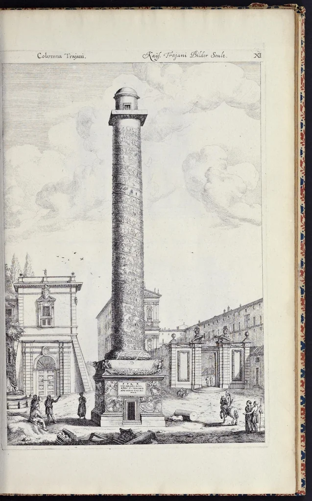An illustration from Romae antiquae et novae theatrum, sive, Genuina ac vera urbis, juxta varios ejusdem status, delineatio topographica : unà cum primariis illius aedificiis ac monumentis, veluti templis, simulacris, circis, campis, theatris, arcubus, porticibus, columnis, statuis & sepulcris antiquis, praecipuè verò modernis templis, palatiis & aedificiis, nonaginta tabulis aeneis exhibitis & secundùm nobilioris architecturae simulac perspectivae regulas extructis, ruinisq́ue illustrioribus, 1684, leaf 52