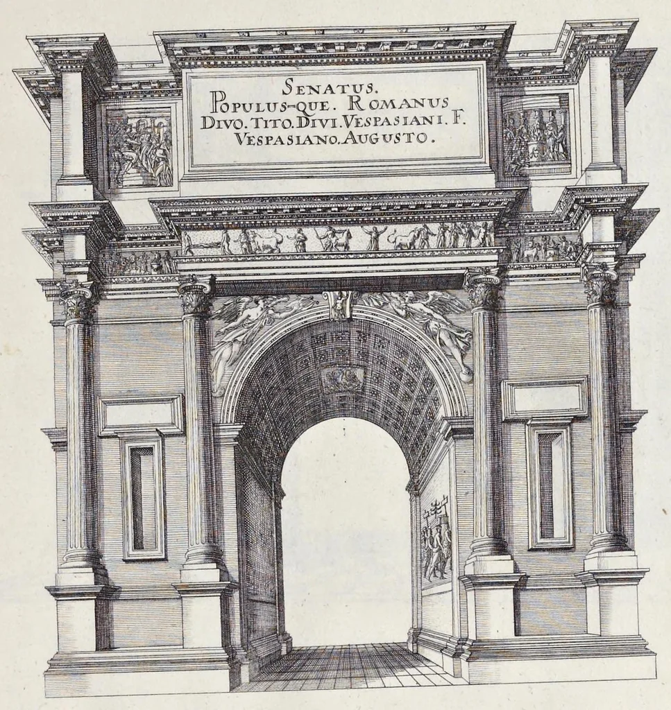 An illustration from Romae antiquae et novae theatrum, sive, Genuina ac vera urbis, juxta varios ejusdem status, delineatio topographica : unà cum primariis illius aedificiis ac monumentis, veluti templis, simulacris, circis, campis, theatris, arcubus, porticibus, columnis, statuis & sepulcris antiquis, praecipuè verò modernis templis, palatiis & aedificiis, nonaginta tabulis aeneis exhibitis & secundùm nobilioris architecturae simulac perspectivae regulas extructis, ruinisq́ue illustrioribus, 1684, leaf 58