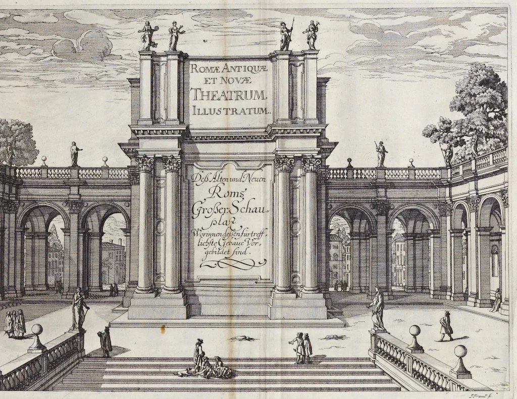 An illustration from Romae antiquae et novae theatrum, sive, Genuina ac vera urbis, juxta varios ejusdem status, delineatio topographica : unà cum primariis illius aedificiis ac monumentis, veluti templis, simulacris, circis, campis, theatris, arcubus, porticibus, columnis, statuis & sepulcris antiquis, praecipuè verò modernis templis, palatiis & aedificiis, nonaginta tabulis aeneis exhibitis & secundùm nobilioris architecturae simulac perspectivae regulas extructis, ruinisq́ue illustrioribus, 1684, leaf 6