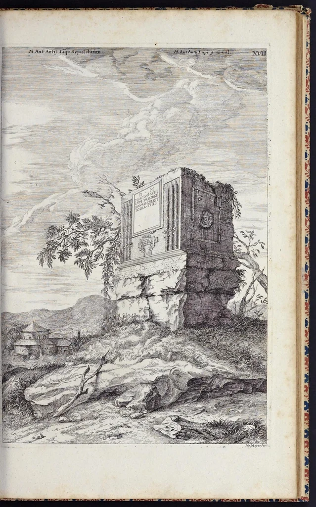An illustration from Romae antiquae et novae theatrum, sive, Genuina ac vera urbis, juxta varios ejusdem status, delineatio topographica : unà cum primariis illius aedificiis ac monumentis, veluti templis, simulacris, circis, campis, theatris, arcubus, porticibus, columnis, statuis & sepulcris antiquis, praecipuè verò modernis templis, palatiis & aedificiis, nonaginta tabulis aeneis exhibitis & secundùm nobilioris architecturae simulac perspectivae regulas extructis, ruinisq́ue illustrioribus, 1684, leaf 66